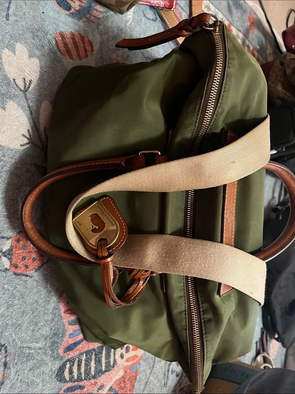 Dooney & Bourke Olive Green Nylon Satchel with Brown Leather Trim